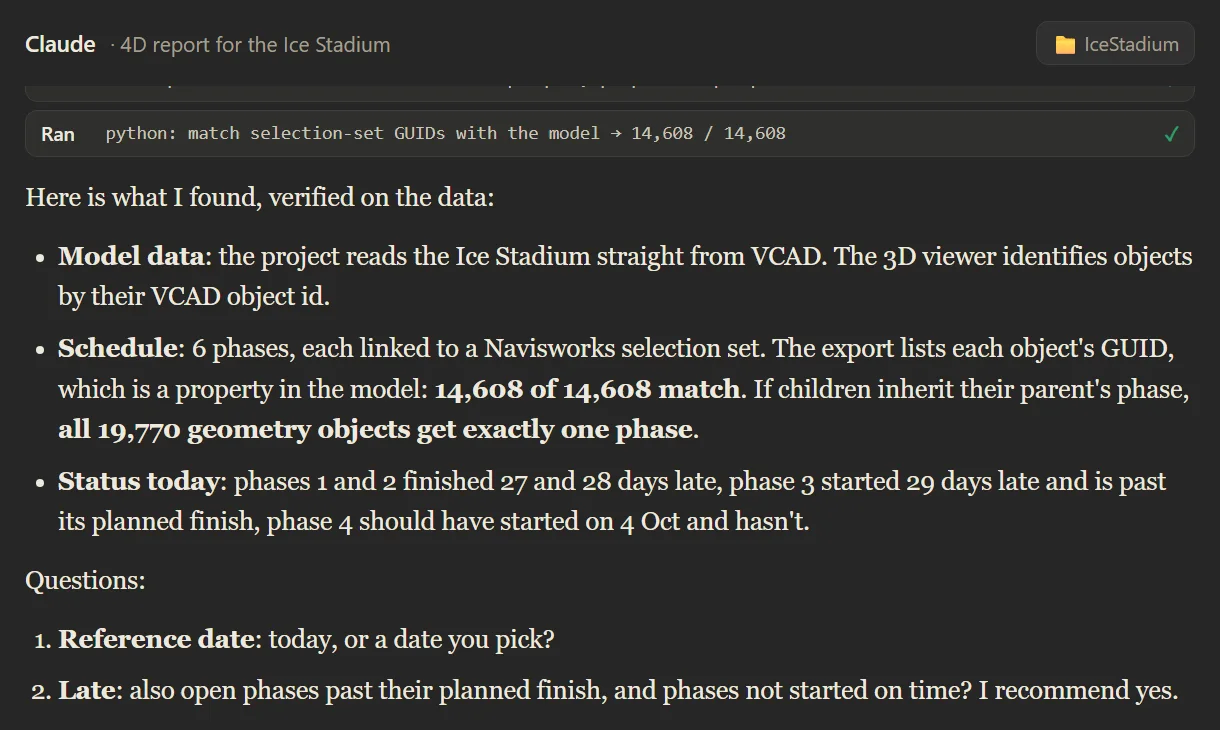 AI assistant matching the Navisworks TimeLiner schedule with the Vcad model before building the 4D report