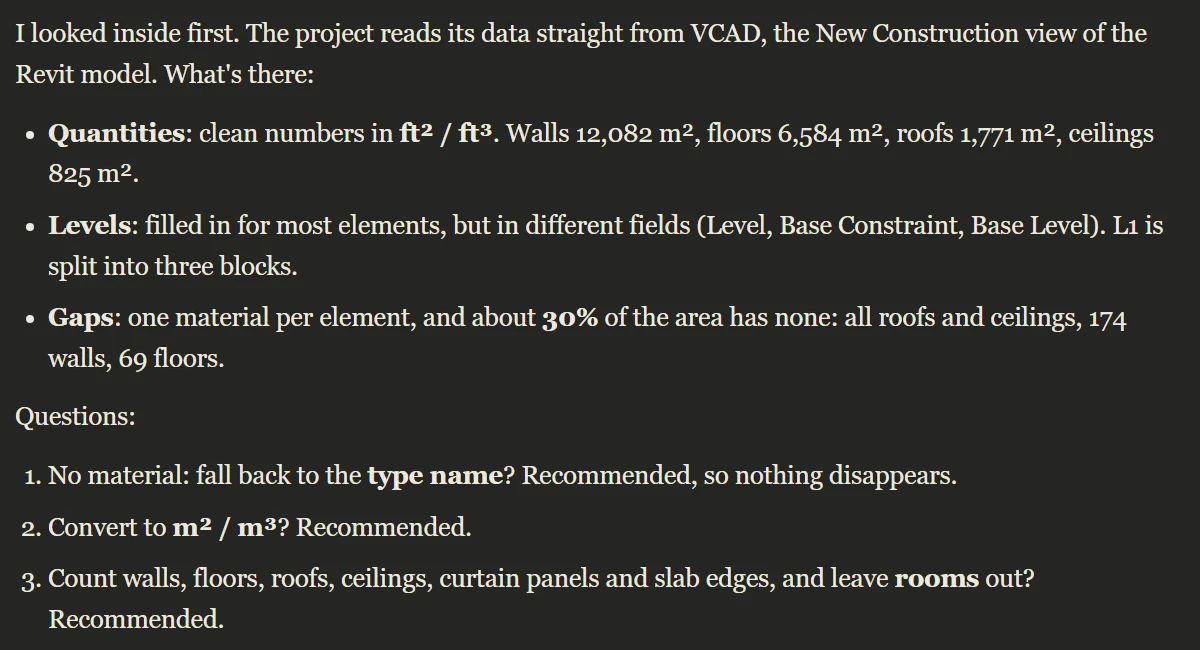 AI assistant reporting units, levels and missing materials of the Snowdon Towers model before building the bill of quantities